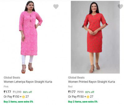 Global Beats Womens Kurtas upto 86% off