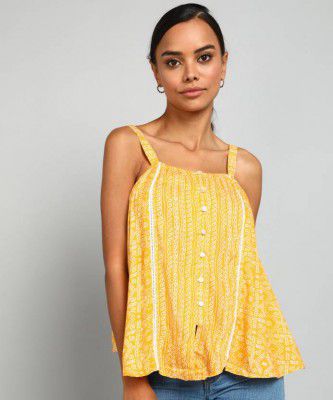 GLOBAL DESI  Casual Sleeveless Printed Women Yellow Top