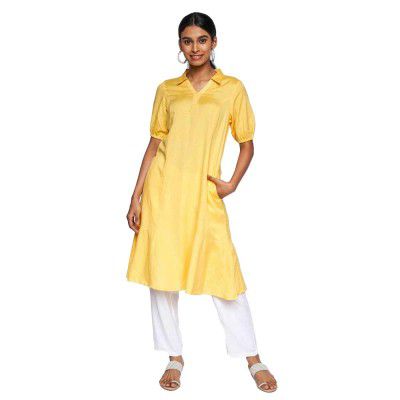 global desi Solid Viscose Collar Neck Womens Flared Kurta (SS22GH048KURL-P)