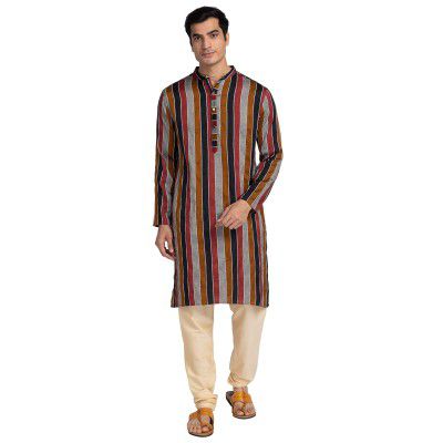 Globus Men Red Grey Striped Pure Cotton Kurta