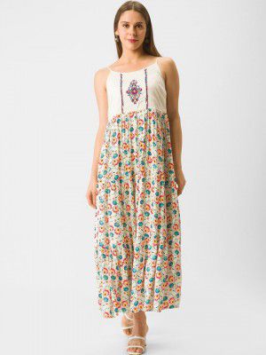 Globus Off White & Green Floral Printed Shoulder Strap Liva Maxi Dress