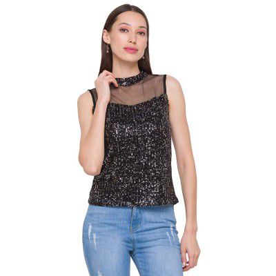 Globus Women Black Embellished Net Top