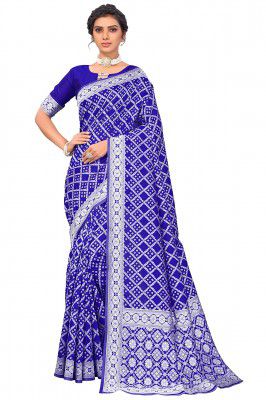 Glory Sarees Women’s Banarasi Silk Saree With Blouse Piece (Kara159_NavyBlue)