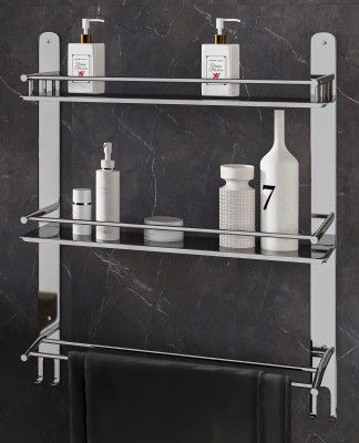 GLOXY ENTERPRISE Stainless Steel Double Layer Shelf with Towel Holder Rod for Bathroom with Chrome Finish Multipurpose Shelf Wall Mount for Bathroom Accessories