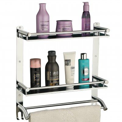 GLOXY ENTERPRISE Stainless Steel Nickel Luxurious Dual Layer Shelf with Towel Rod and Hook Organizer self Bathroom Accessories-Chrome Finish