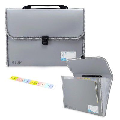 GLUN 13 Pocket Expanding File Folder with Handle, Buckle Closure & Label Index for A4/Foolscap/Legal Size Documents – Portable Accordion File Organiser (Grey)