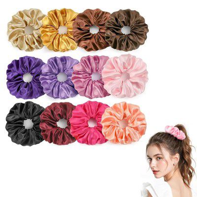 GLUN® Multicolour Satin Scrunchies for Women, Pack of 12 Soft Scrunchies