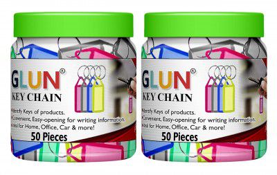 GLUN® Pack of 100 Multicolor Keyring & Keychain with Name Tag Labels Plastic Multicolor Assorted Keychain with Two Side Id Label and Split Ring for Office, Home Key