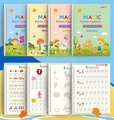 GLUN Reusable Magic Practice Notebook 4 Books Math, Drawing, Alphabet, Number, Pen with 10 Refills, Magic calligraphy books for kids