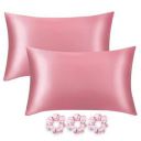 GLUN® Satin Silk Pillow Covers with 3 Pieces Silk Scrunchies for Women Hair, Envelope Closure Type Covers Glory Rose Colour Pack of 2...