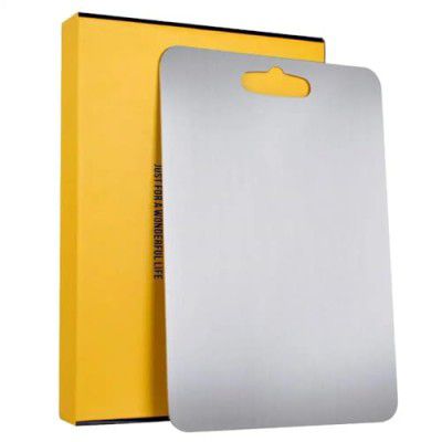GLUN Stainless Steel Chopping Board: Reliable Metal Cutting Kitchen Tool with Heavy Duty Construction and Anti-Skid Silicon Pad for Enhanced Safety and Durability