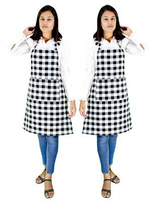 GLUN Waterproof Unisex Kitchen Checkered Design Apron with 2 Roomy Size Front Centre Pocket (Pack Of 2)