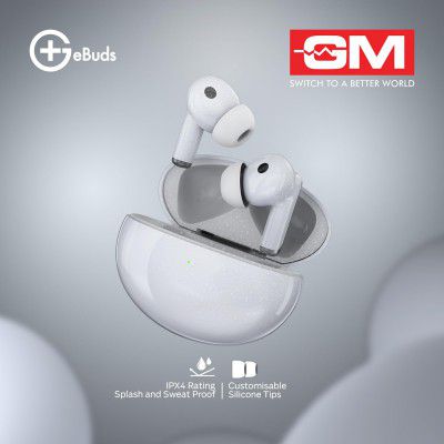 GM True Wireless Earbuds with Wireless Charging, 45ms Low Latency, IPX 4 - White