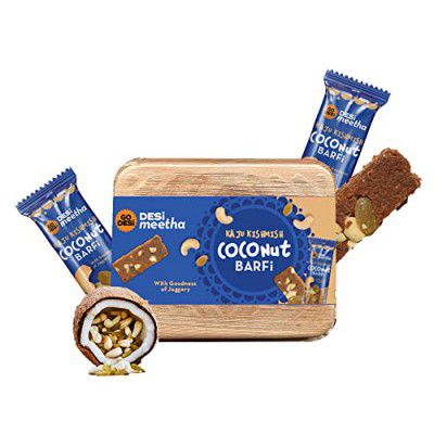 GO DESi - DESi Meetha Kaju Kishmish Coconut Barfi | 300 Grams | Indian Sweets Gift Pack | 25 Individually Wrapped Barfis | Dry Fruits Sweet | Cashew Nuts Raisin bar | Sweets Indian Mithai