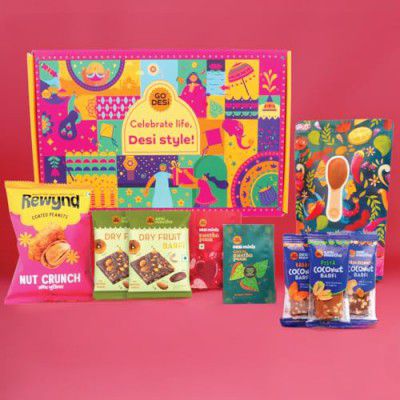GO DESi Fun Gift Hamper, Desi Popz, Dates & Dry Fruit Barfi, Coated Peanuts, Meetha Paan, Sweets & Snacks, Home Decor, Toran