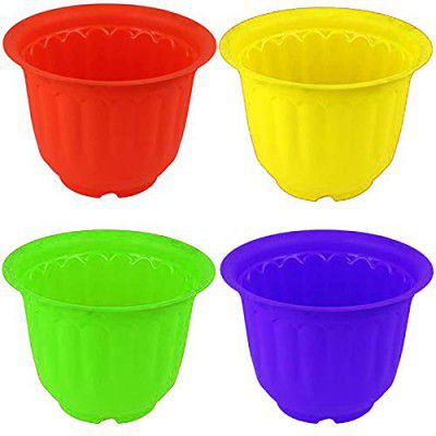 Go Hooked Multicolor Plastic Jasmine Garden Planters for Plants, Flower Pots for Home Garden, Plant Container Set (Set of 4, Multicolor) (20.5x15 cm)
