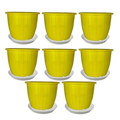 Go HookedPlastic Duro Flower Pot for Gardening, Indoor/Outdoor Planter-Yellow (8 Inch)(Pack of 8 with Tray)
