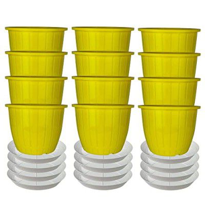 Go HookedPlastic Duro Flower Pot for Gardening, Indoor/Outdoor Planter-Yellow (8 Inch)(Pack of 12 with Tray)