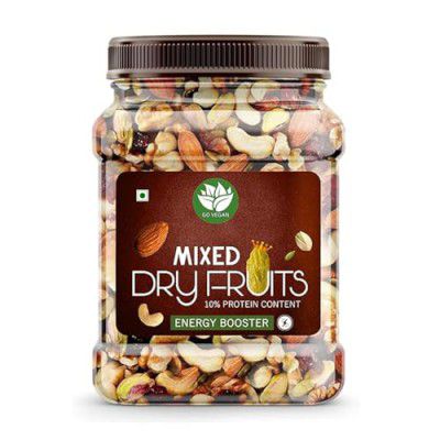 Go Vegan Healthy Nutmix - 500gm, Dried Almonds, Black Raisins, Cashewnuts, Cranberries, Black Dates & Many More. (Jar Pack)