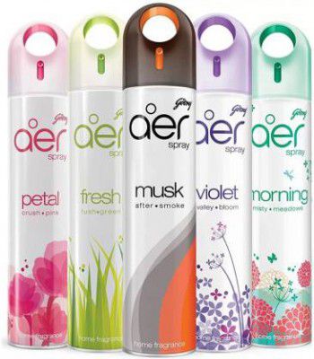 Godrej Aer PETALCRUSHPINK, FRESHLUSHGREEN, MUSKAFTERSMOKE, VOILETVELLYBLOOM, MORNINGMISTYMEADOWS Spray  (5 x 240 ml)