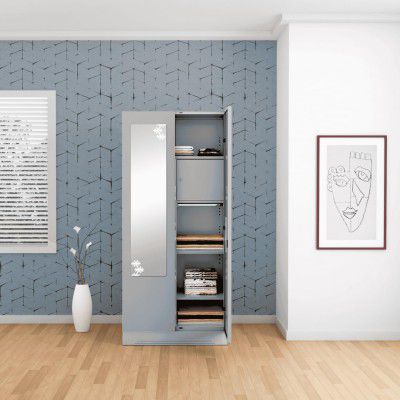GODREJ INTERIO Almirah Slimline 2-Door Steel Almirah, Cupboard for Clothes (Royal Ivory) | 4 Shelves, 1 Drawer, 1 Locker, Star Design Mirror