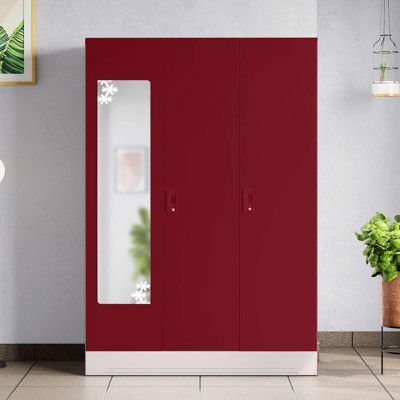 GODREJ INTERIO Almirah Slimline 3-Door Steel Almirah, Cupboard for Clothes (Textured Caremine Red), 1-Year Warranty, 7 Shelves, 1 Locker, Star Design Mirror