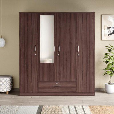 GODREJ INTERIO Wardrobe EWA 4-Door Engineered Wood Wardrobe with Mirror for Clothes (Brown), 1-Year Warranty, 8 Shelves, 1 Drawer