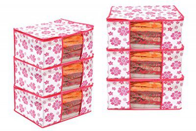 Gokru Set of 6 Non-Woven Printed Saree Cover, Cloth Storage, Organizer with Transparent Window (Pack Of 6, Pink Flower)