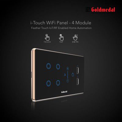 Goldmedal 4 Module I-Touch Wi-Fi 4 Switch + Fan Regulator + 2 USB Port With Glass Plate,Titanium Grey,1_way,Pack Of 1,Suitable For 4 Module Junction Box,No Additional Cover Plate Required,240 Volts