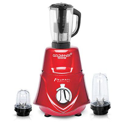 Goldwinner 1000-watts Rocket Mixer Grinder with 2 Bullets Jars and Juicer Jar (Juicer Jar, 350ML Jar and 530ML Jar), Red