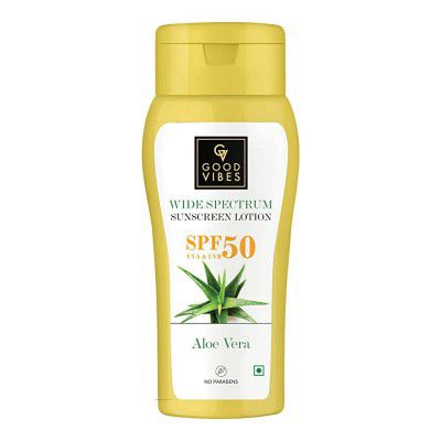 Good Vibes Aloe Vera Sunscreen Lotion SPF 50 - 120 ml - Lightweight Sun Protection for All Skin Types For Men & Women - Hydrate and Moisturize Dull Damaged Skin - Cruelty Free