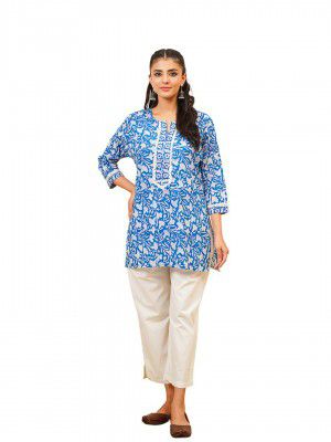 GOODHAND Blue Cotton Block Printed Zoya Short Kurti for Women
