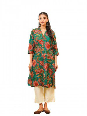 GOODHAND Green Cotton Block Printed Straight Kurta for Women 
