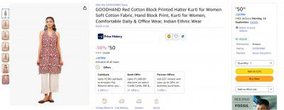 GOODHAND Red Cotton Block Printed Halter Kurti for Women 