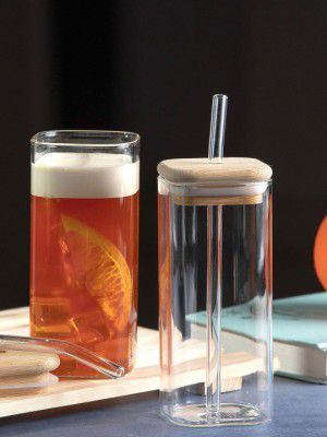 GOODHOMESSet Of 4 Transparent Borosilicate Tumbler Glass With Wooden Lid & Straw 385ml
