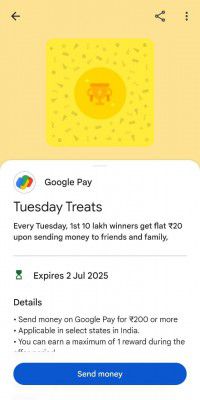 Google pay Tuesday Treats Offer [ Rs. 20 Cashback on Sending Rs. 200 ]