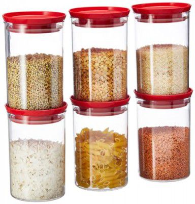 GOPI Plastic Storage Jar and Container Set 900 Ml Each, Set 6, Red