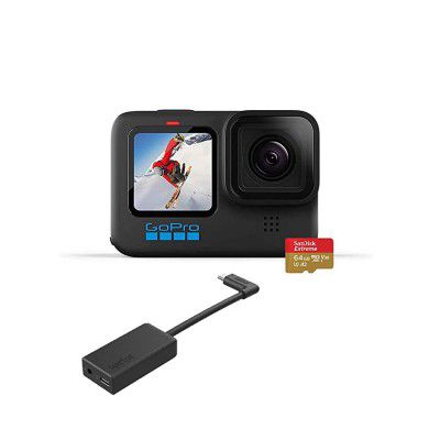 GoPro HERO10 Black - Waterproof Action Camera with Free Mic & 64GB Memory Card Front LCD and Touch Rear Screens 5.3K60 Ultra HD Video  23MP Photos 1080p Live Streaming Webcam Stabilization