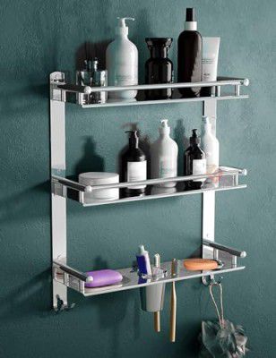 GOSAI Stainless Steel Bathroom Accessories 3 Layer Bathroom Shelf with 2 Soap Case 1 Toothbrush Holder and Hook (16x5x17 inch)