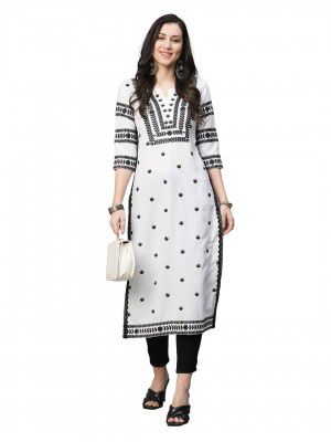 GoSriKi Womens Cotton Blend Embroidered Straight Kurta (Stho-White-Nw2-GS)