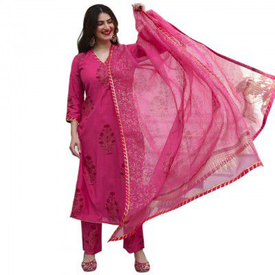 GoSriKi Womens Cotton Blend Kurta with Pant & Dupatta (Garden)