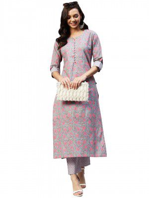 GoSriKi Women's Cotton Blend Straight Printed Kurta & Pant