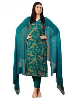 GoSriKi Women's Cotton Blend Straight Printed Kurta with Pant & Dupatta