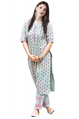 GoSriKi Womens Cotton Straight Kurta with Checkered Trouser