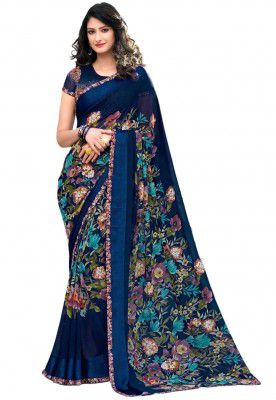 GoSriKi Womens Georgette Blend Printed Saree With Blouse Piece (MAHA-BLUE-GS_Blue_Free Size)