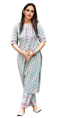 GoSriKi Women's Green Cotton Printed Straight Kurta With Checkered Trouser
