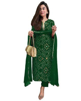 GoSriKi Women's Rayon Blend Straight Bandhej Printed Kurta with Pant & Dupatta