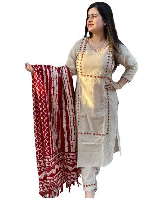 GoSriKi Women's Rayon Blend Straight Embroidered Kurta with Pant & Dupatta