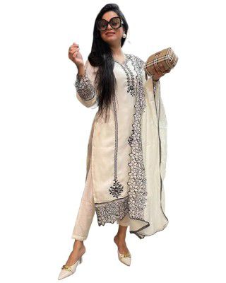 GoSriKi Women's Rayon Blend Straight Embroidered Kurta with Pant & Dupatta