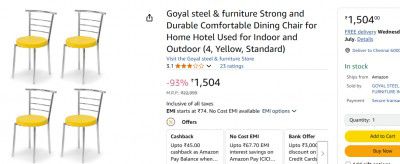 Goyal steel & furniture Strong and Durable Comfortable Dining Chair (4, Yellow, Standard)